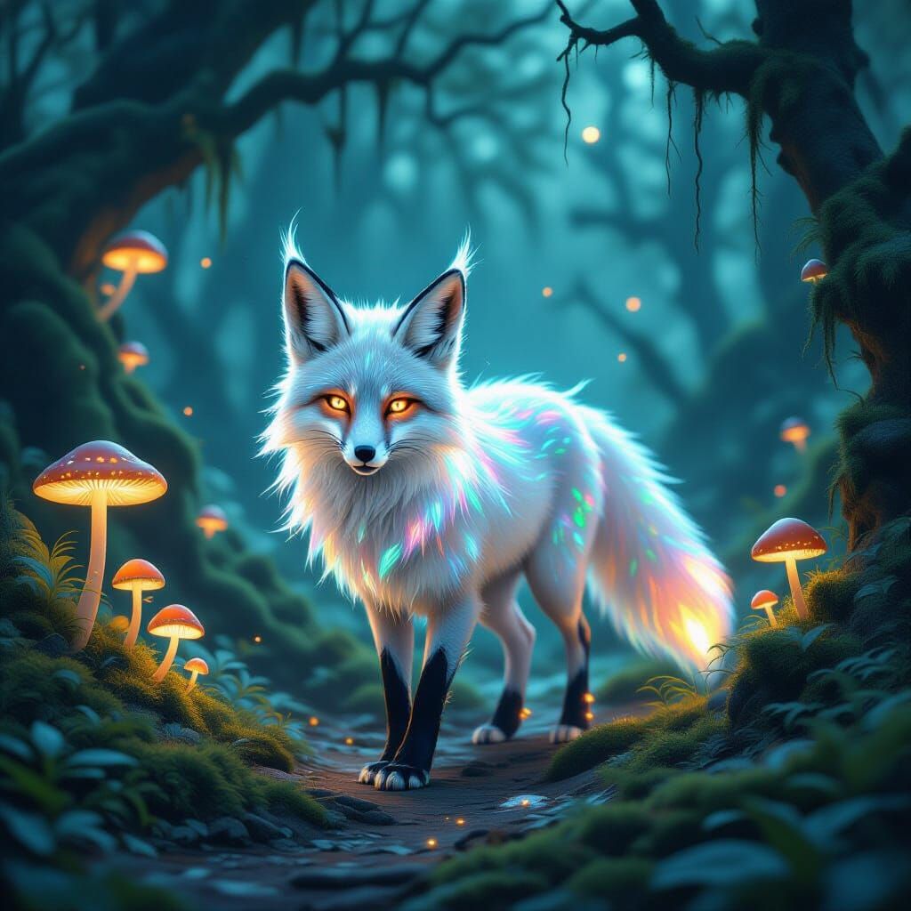 Iridescent Spirit Fox in Bioluminescent Forest