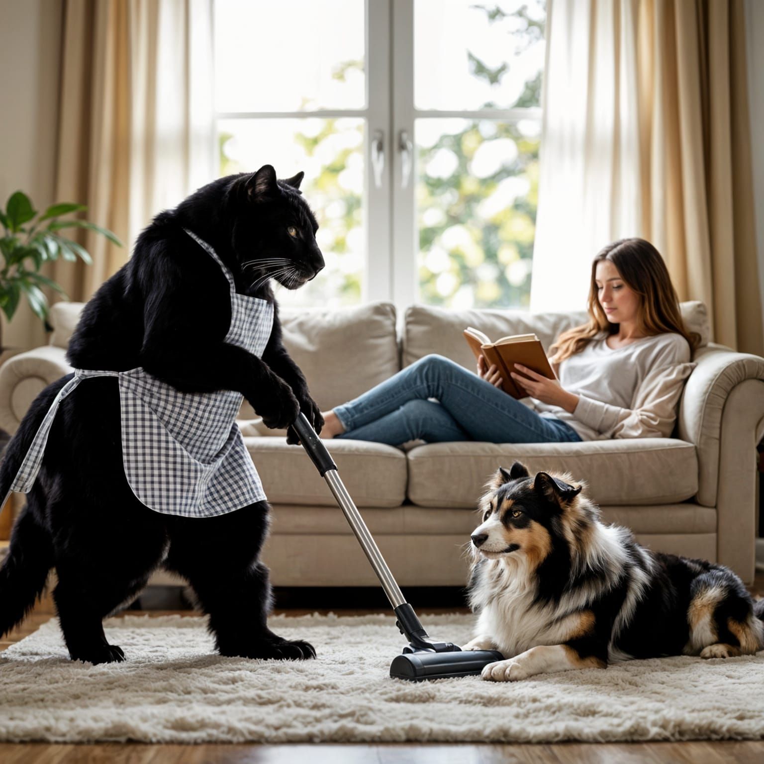 Panther Vacuums Home While Collie Cleans