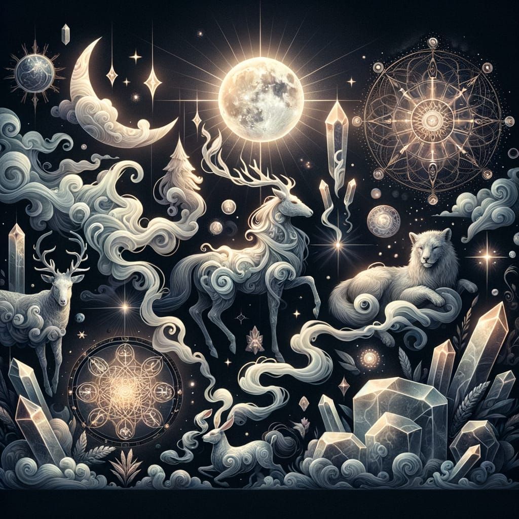 Dreamy Smoke Formations Among Glowing Crystals and Runes