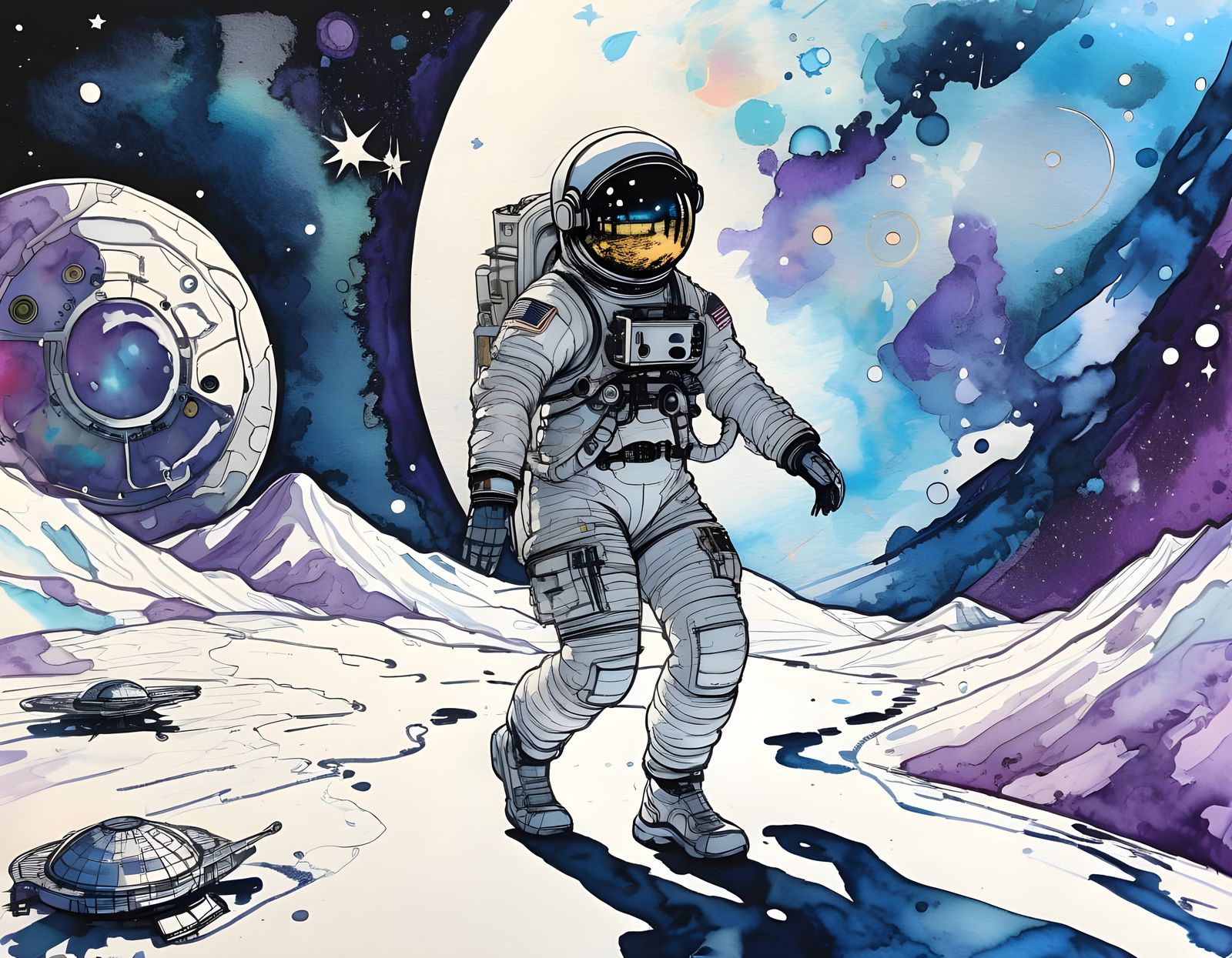 Astronaut Exploring Iridescent Moonscape