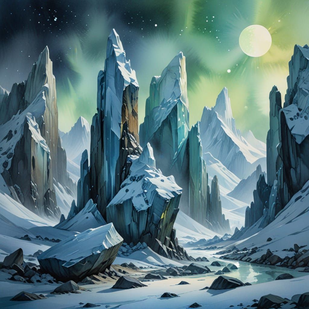 Aurora-Lit Glacial Valley in Watercolour Style