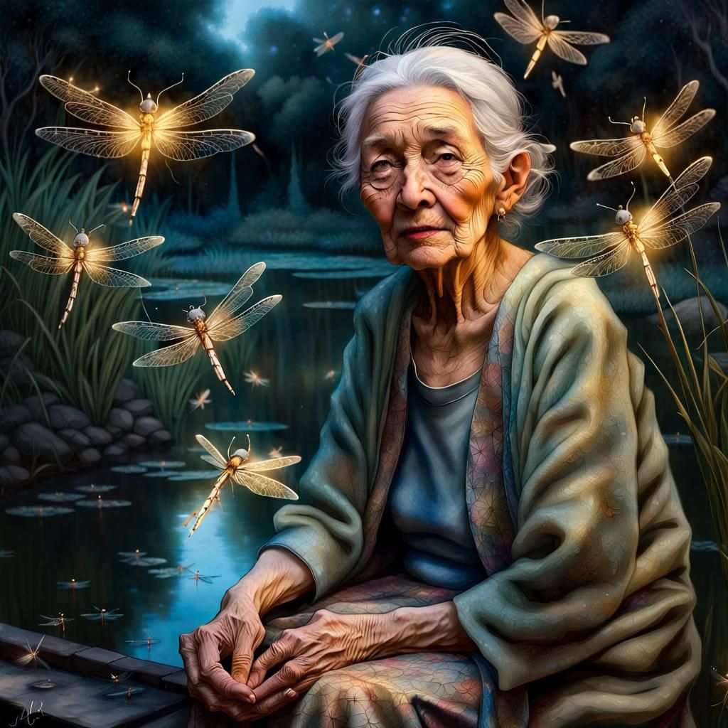 Enchanted Elderly Woman Mesmerized by Dragonflies