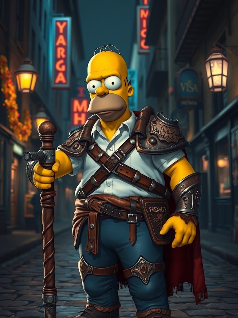 Homer Simpson as Fantasy Warrior in Urban Fantasy Setting