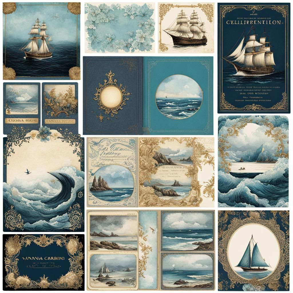 Ocean Scene Vintage Ephemera in Gothic Watercolor Style