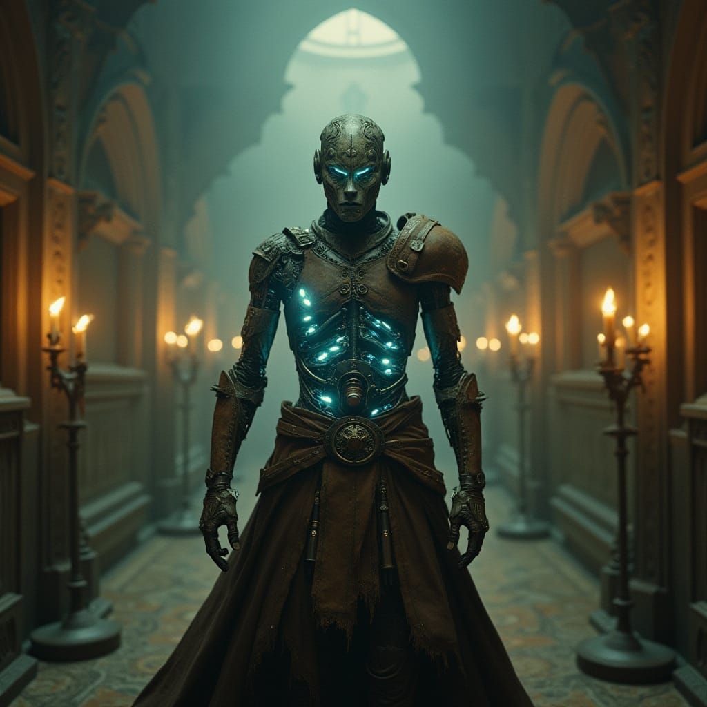 Medieval Automaton with Glowing Circuits in Misty Chamber