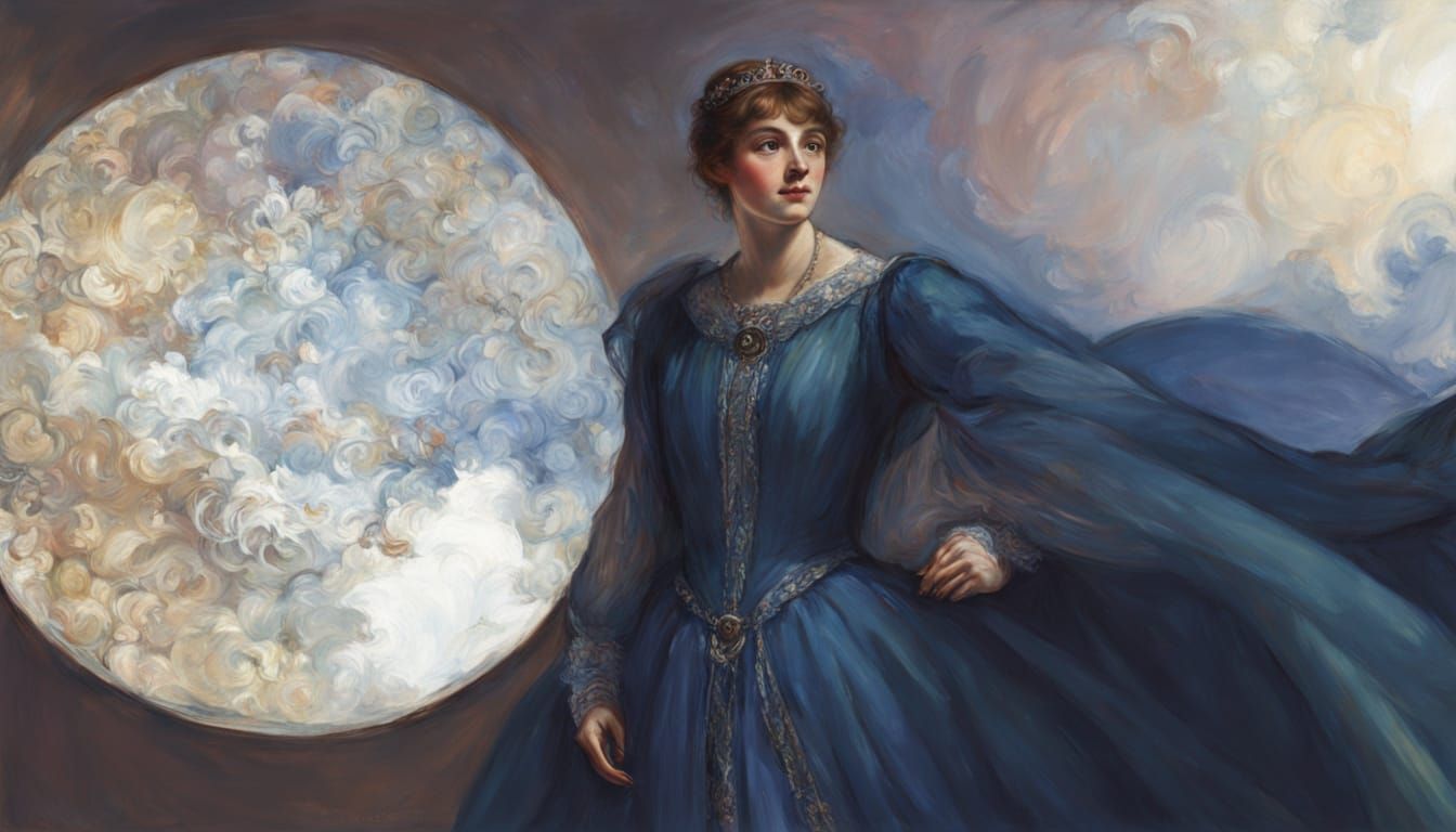 Woman Gazing Through Tree Branches in Serene Summer Landscap...