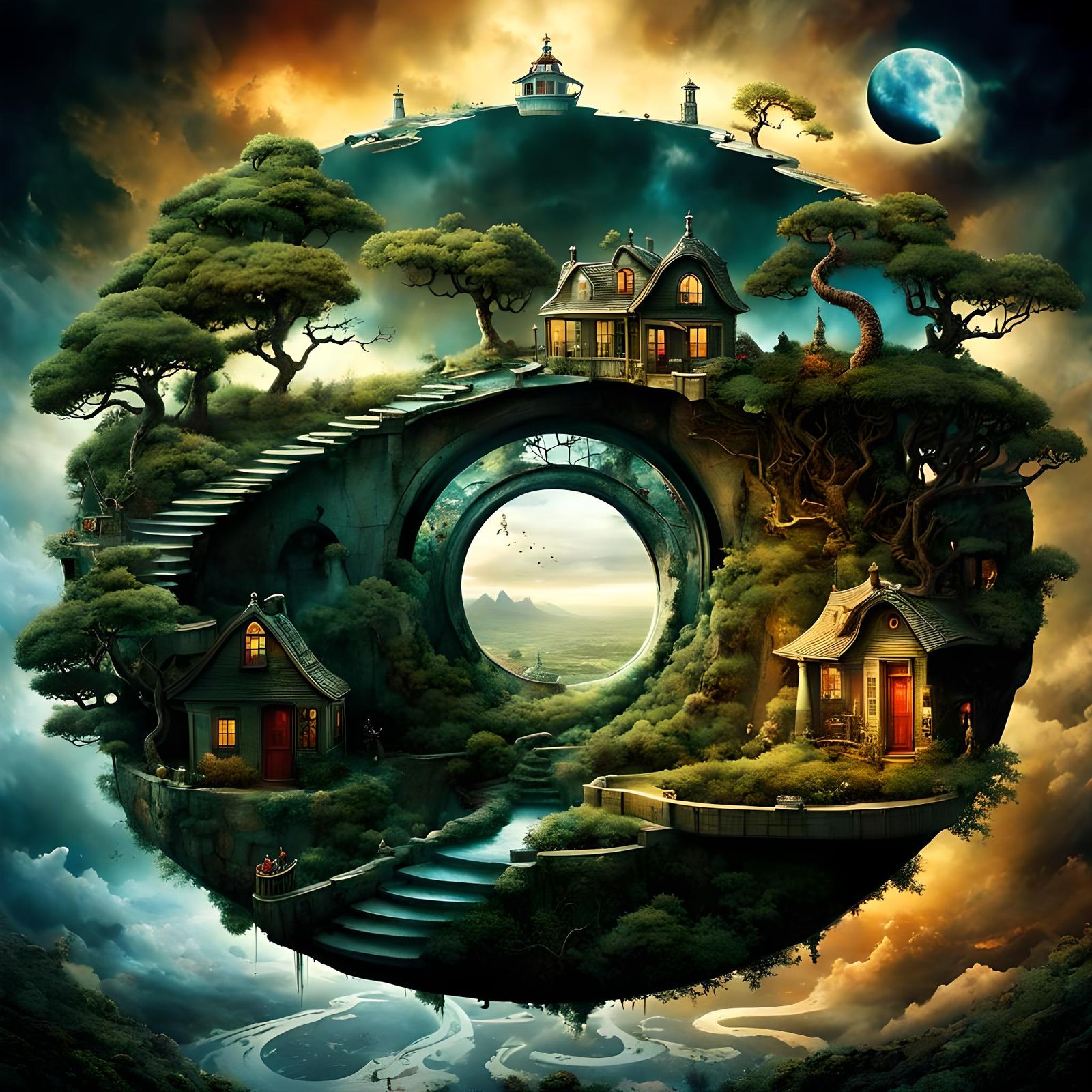 Surreal Stargate Scene with Bonsai Cottages