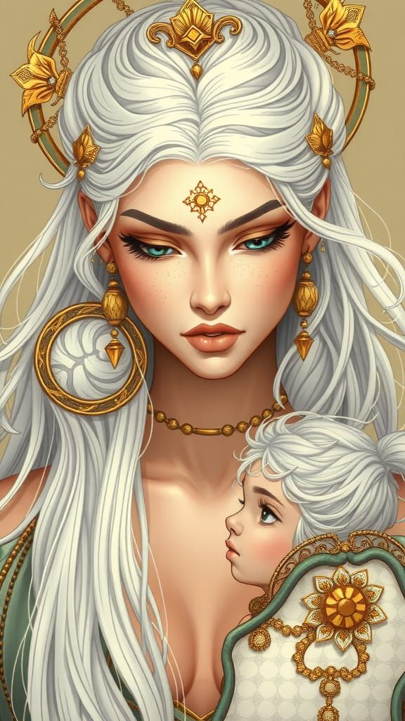 Goddess with Long White Hair in Art Nouveau Style