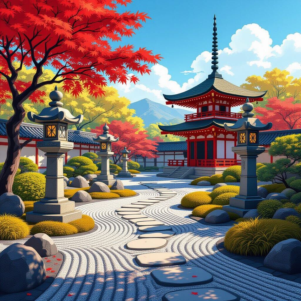 Traditional Japanese Garden with Stone Lanterns and Red Tree...