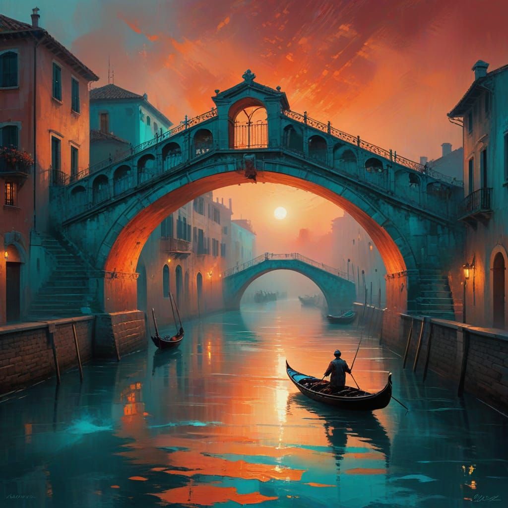 Renaissance Gondola Cruises Under Luminous Arched Bridge