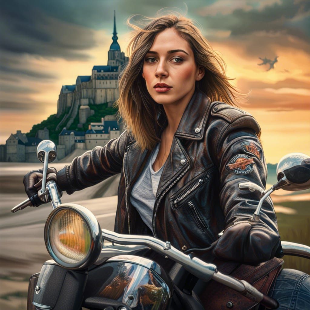 Girl on Harley at Mont Saint Michel