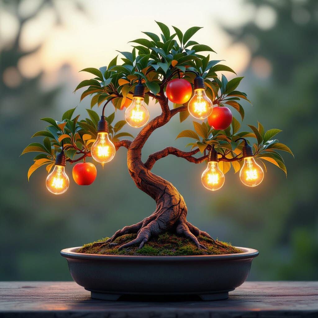 Bonsai Tree with Glowing Fruits in Art Nouveau Style