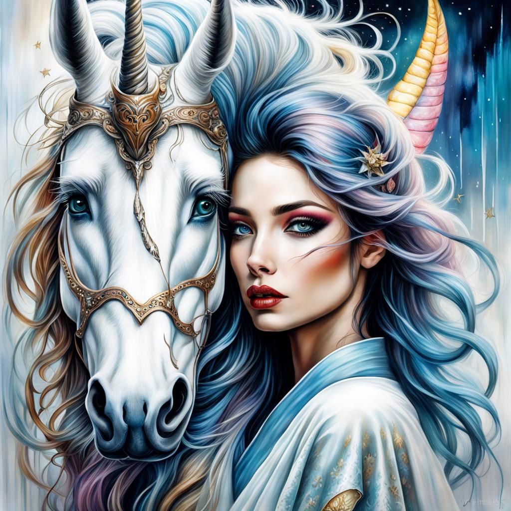 Girl and Unicorn Portrait in Dreamlike Grunge Style