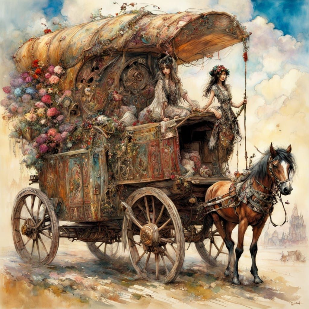 Vibrant Gypsy Wagon Scene in Whimsical Style