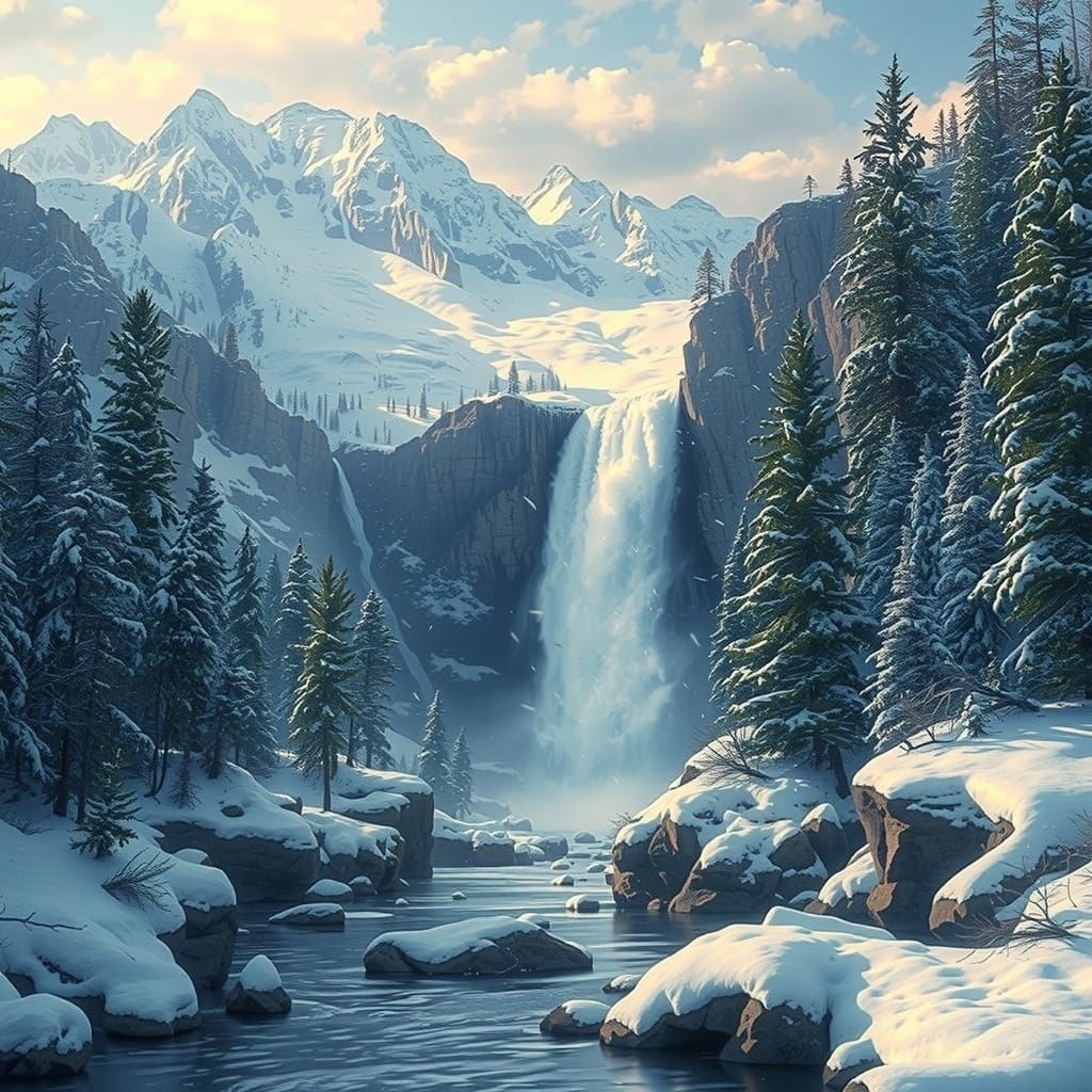 Majestic Winter Landscape with Waterfall and Mountains