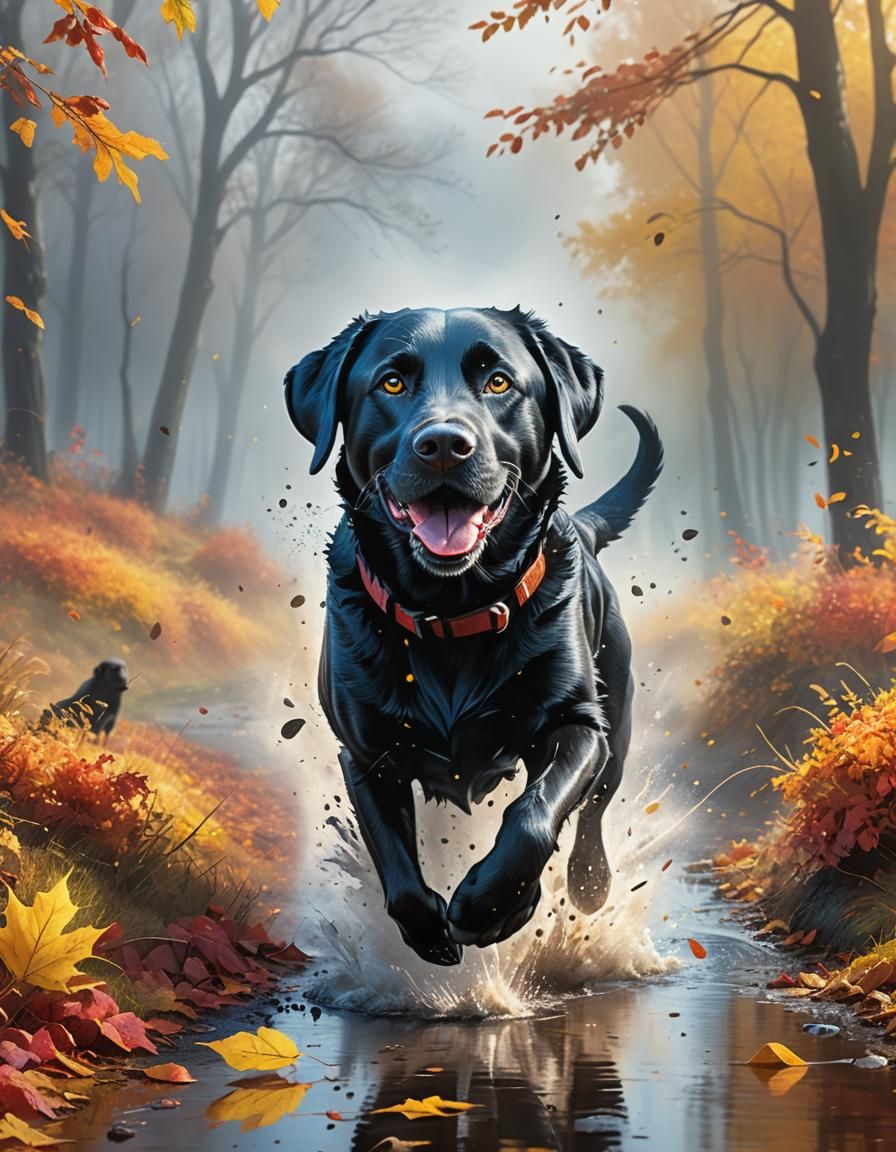 Black Lab Runs Through Misty Autumn Morning