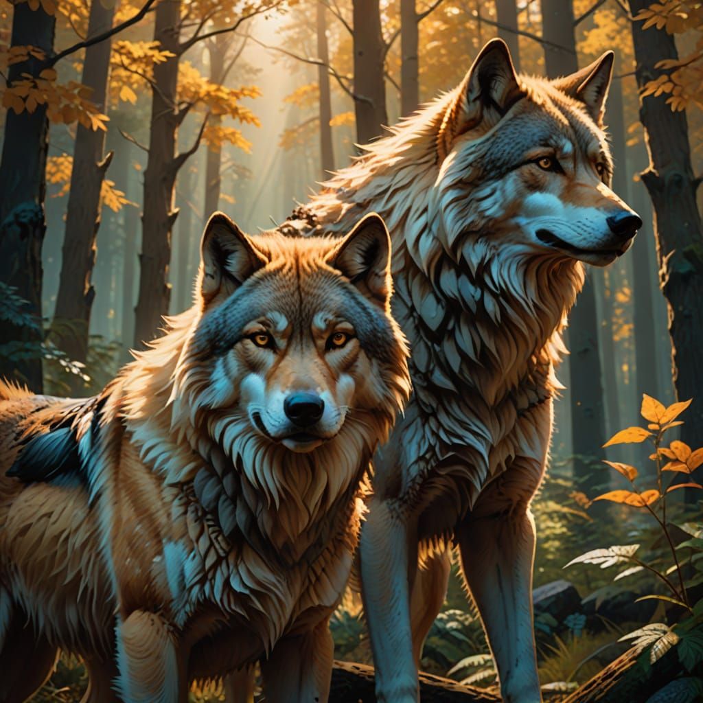 Hyperrealistic Wolves in Forest Landscape Art