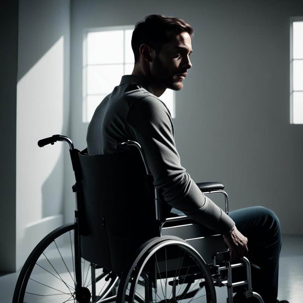 Dystopian Film Still: Young Man in Wheelchair