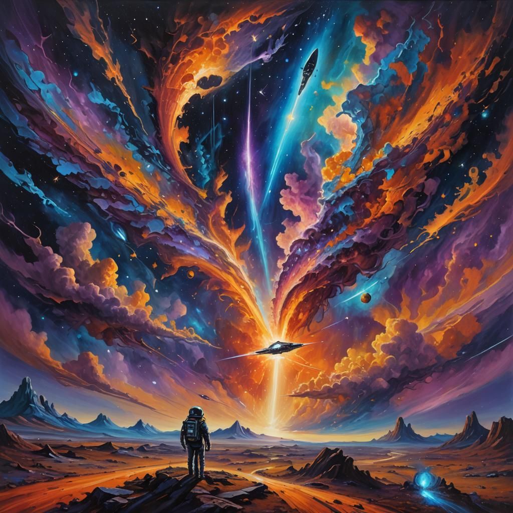 Interdimensional Rift: Spaceships Emerge in Surrealist Sky