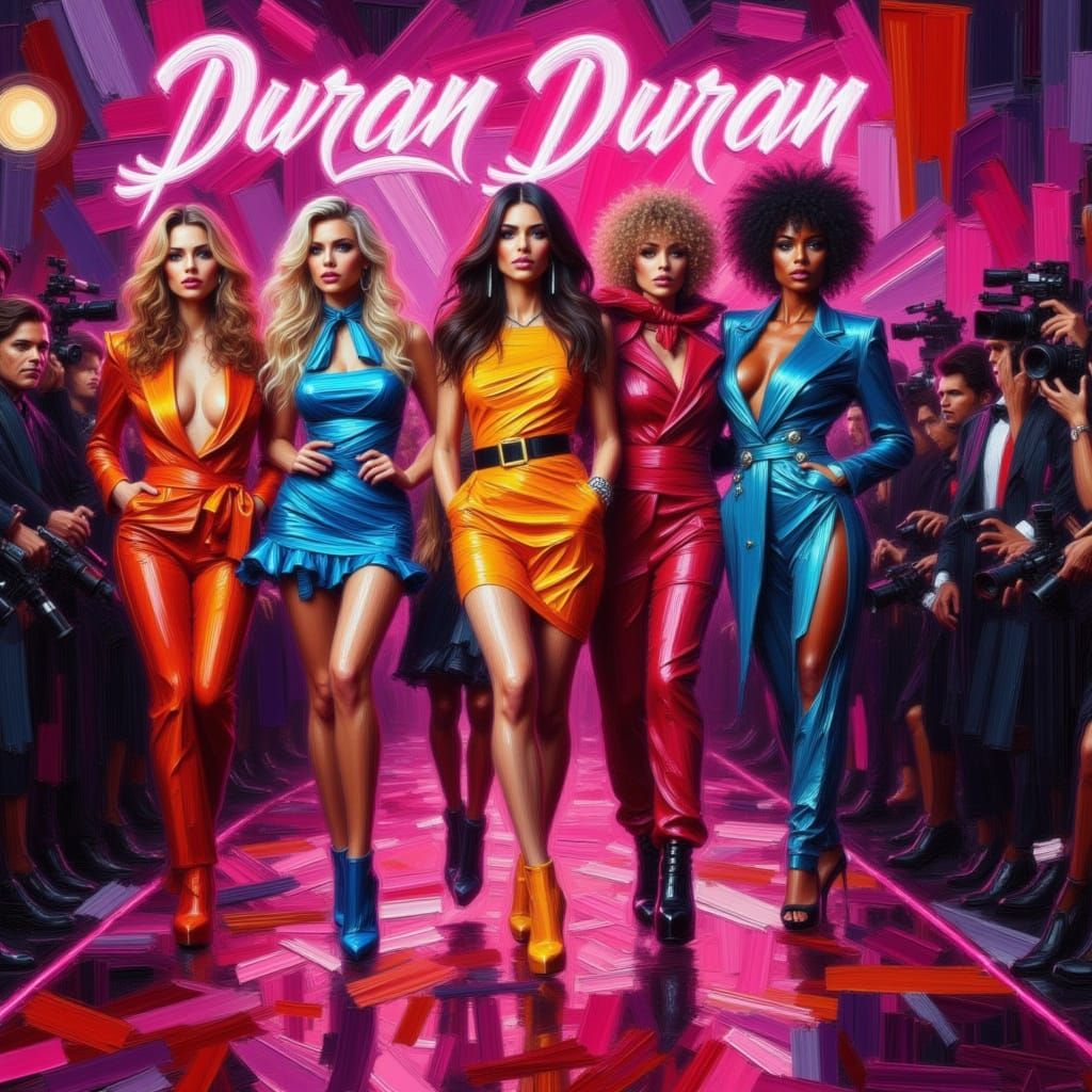 Glamorous Women Pose on Neon Runway, "Girls on Film" Text