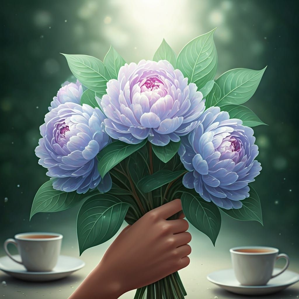 Woman with Fractal Bouquet in Digital Art Style