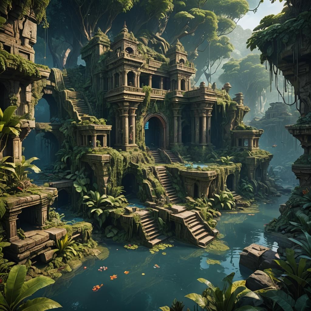 Sunken City in Jungle: Detailed Matte Painting
