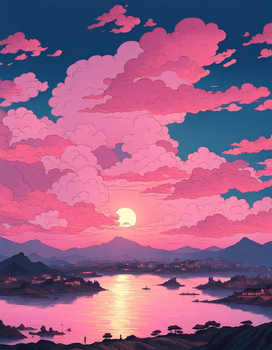 Pink Sunset Clouds in Van Gogh Ukiyo-e Style
