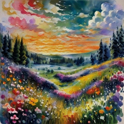 Rabbits in Spring Field, Impressionist Gouache Style