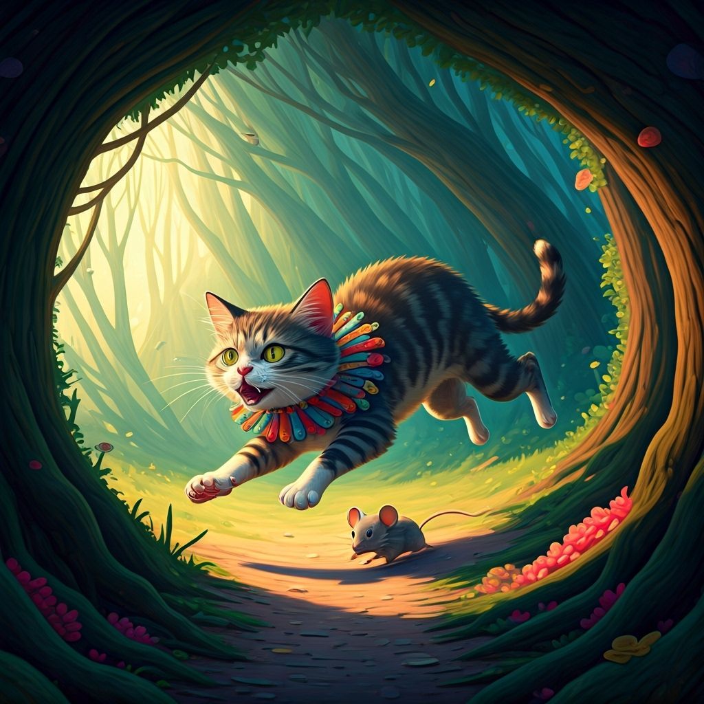 Whimsical Forest Chase: Kitty Evades Giant Mouse