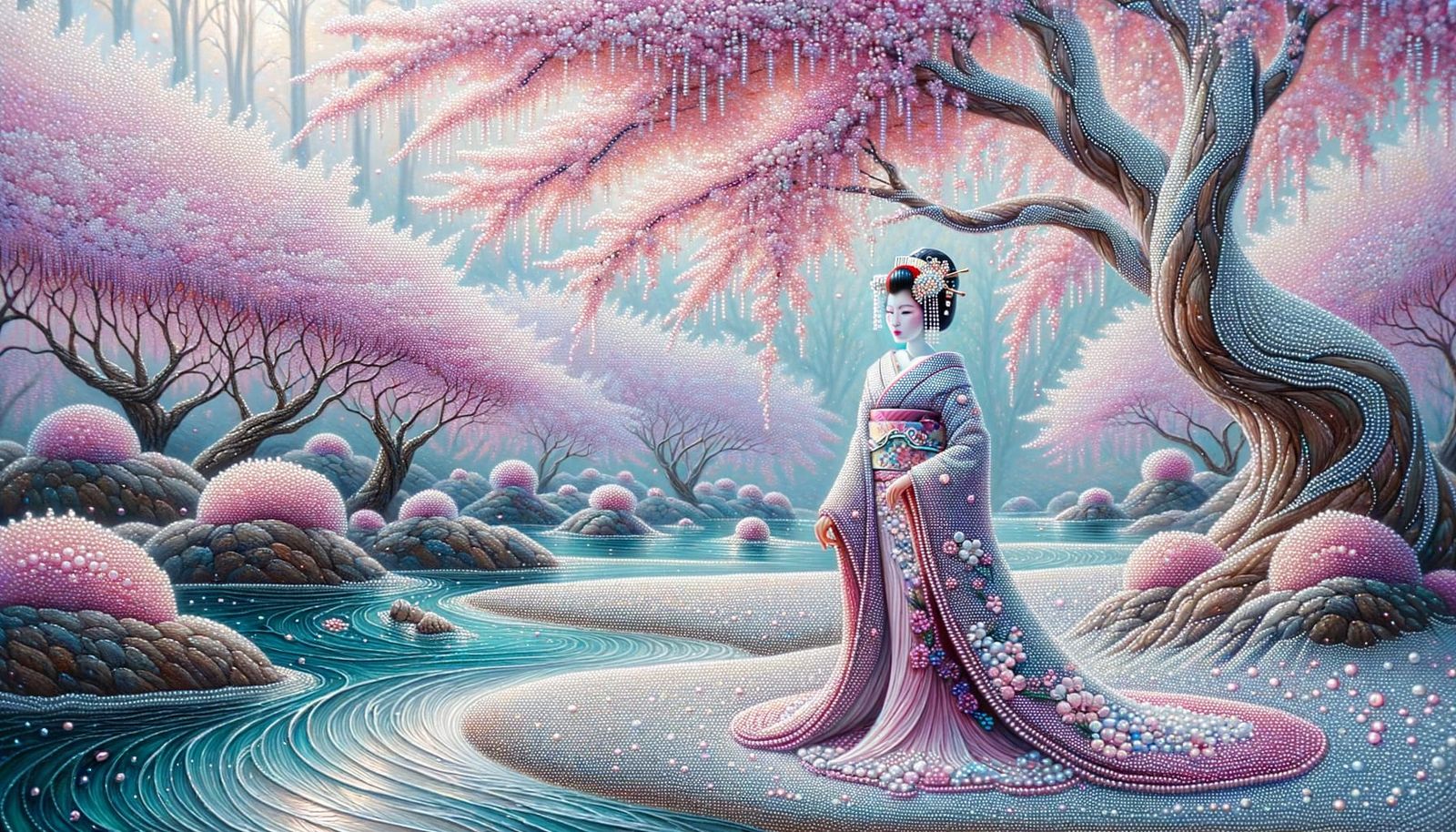 Stunning Geisha in a Pearl-Adorned Sakura Paradise