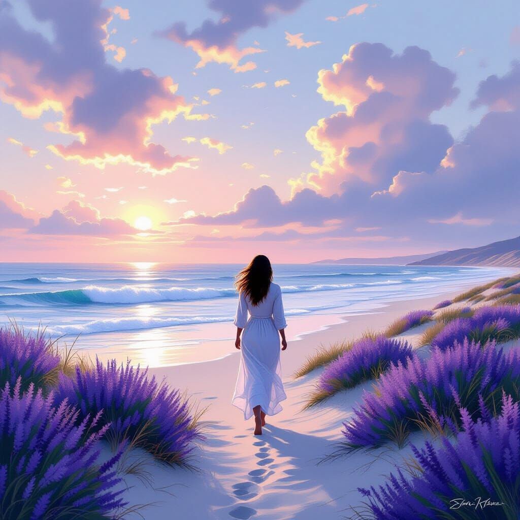 Woman Walks Beach with Lavender, Dreamy Ocean Vista