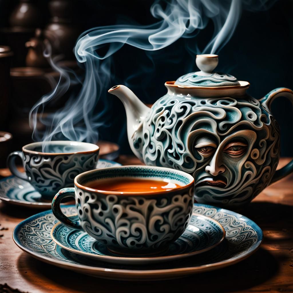 Intricate Pottery with Abstract Figures and Surreal Curves