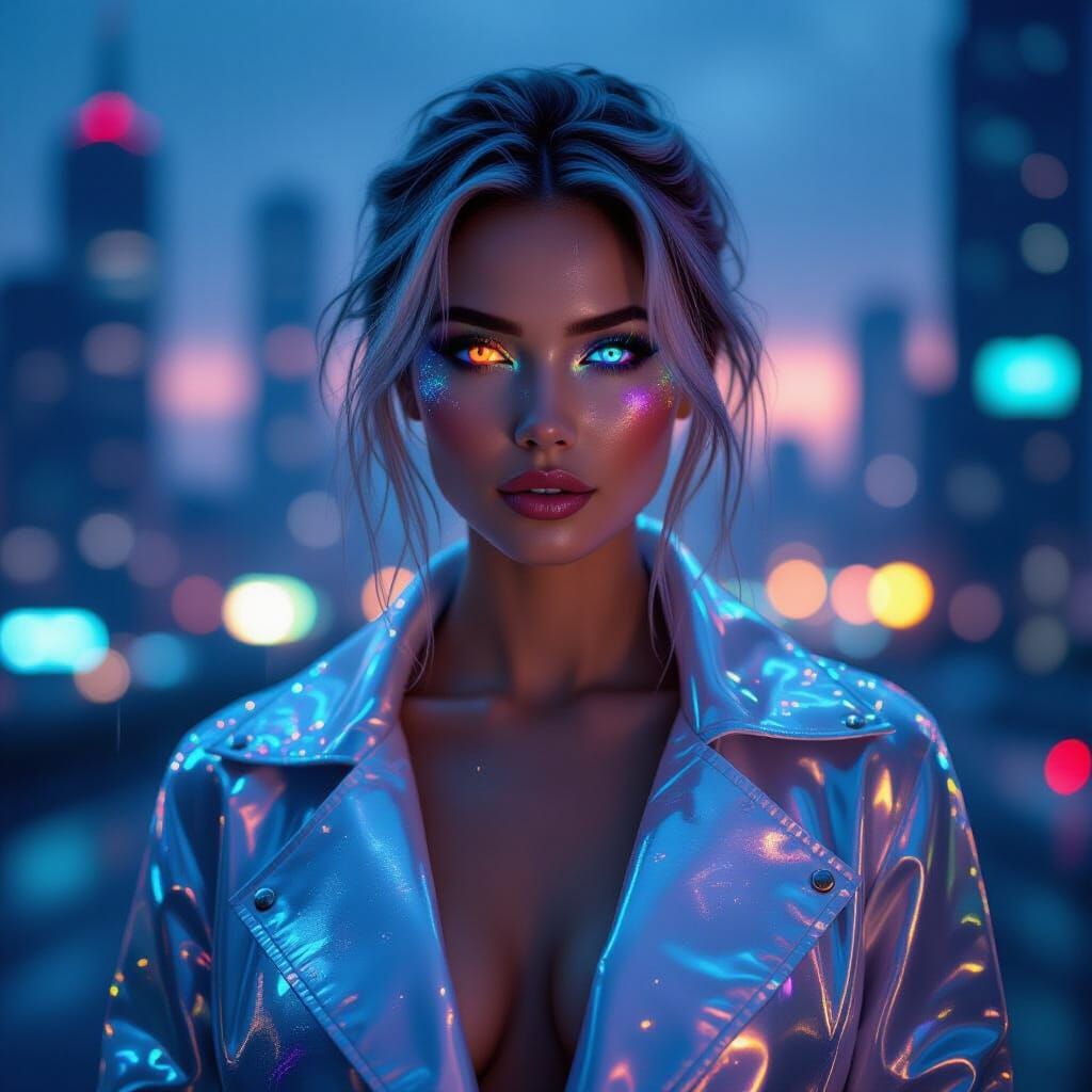 Futuristic Woman in Glowing Cityscape, Hyperrealistic Cyberp...