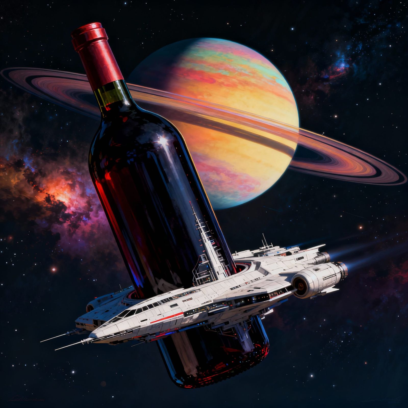 Cosmic Spaceship Wine Bottle Near Ringed Planet