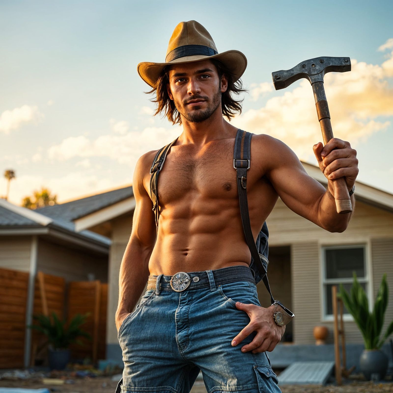 Young Tradie Relaxing in the Australian Sun While Building a...
