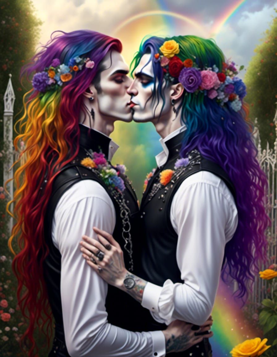 Goth Gay Couple Kissing in Rainbow Garden