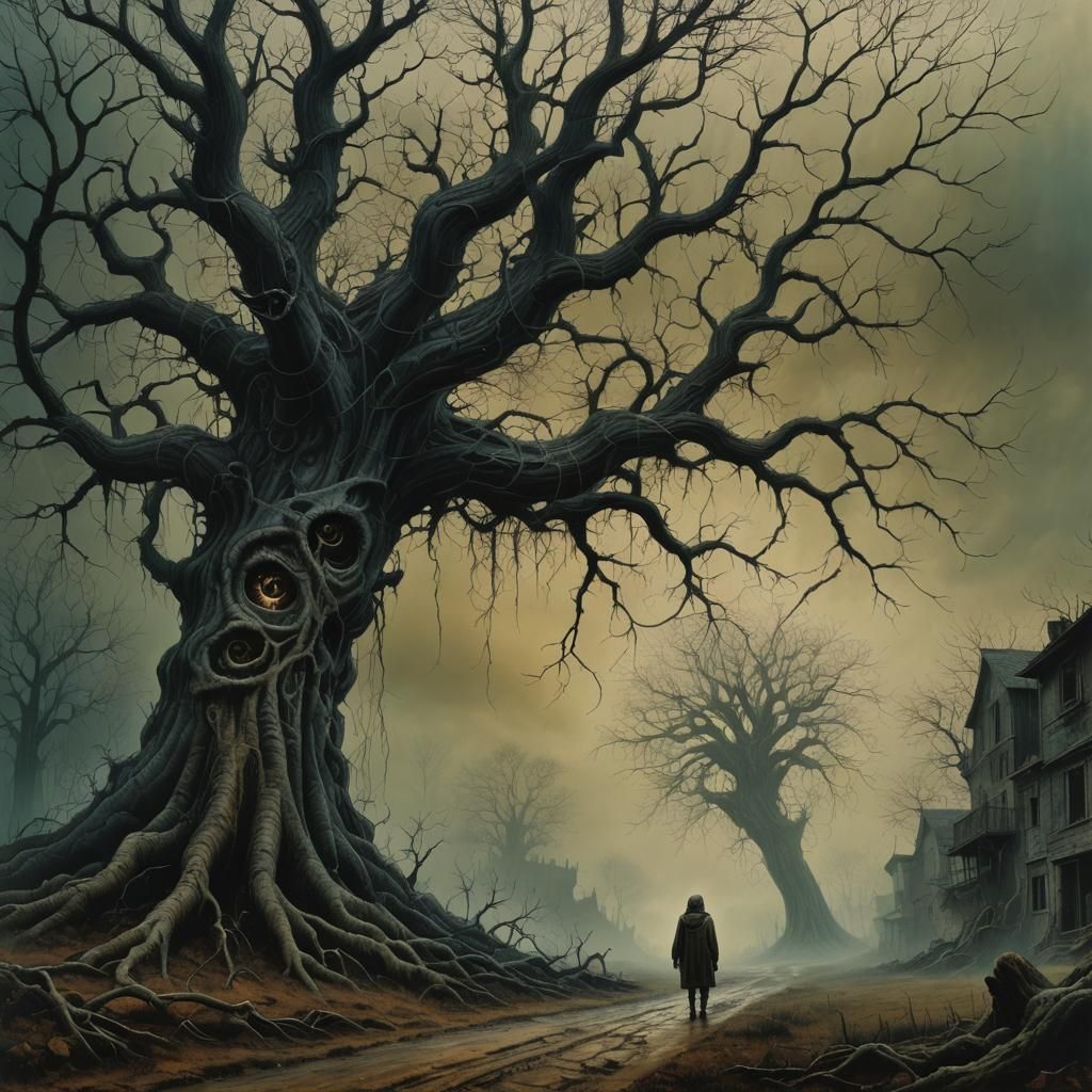 Eerie Tree Chasing Child: A Surreal Digital Painting