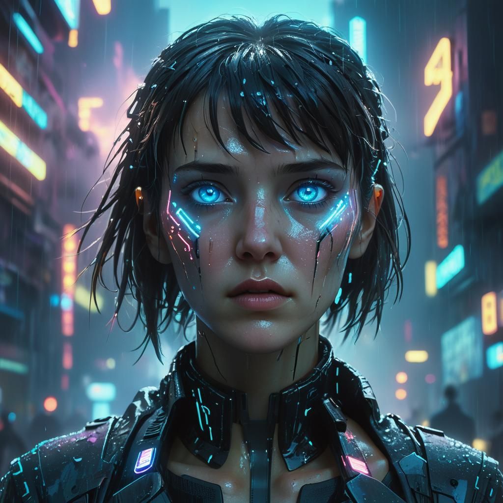 Cyberpunk Woman Portrait with Neon Cybernetics