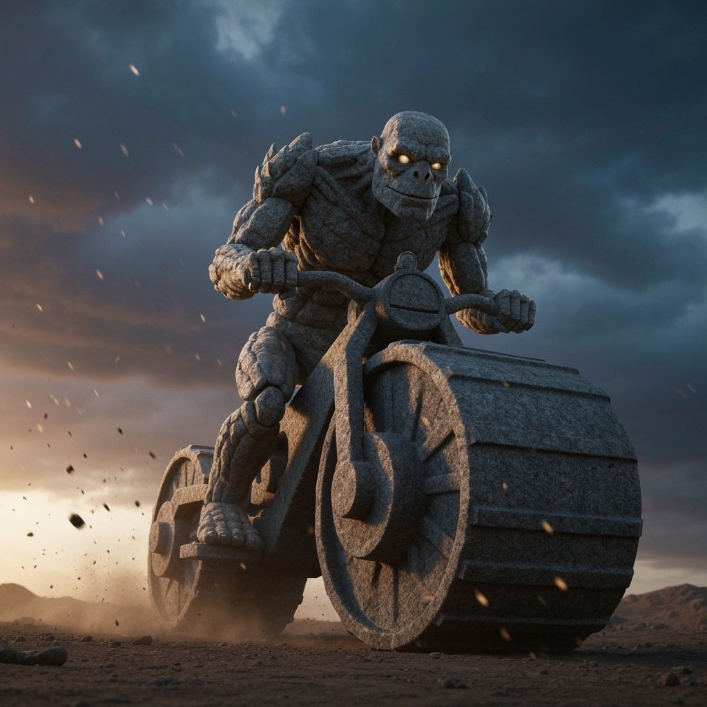Rock Biter on Stone Motorcycle in Barren Landscape