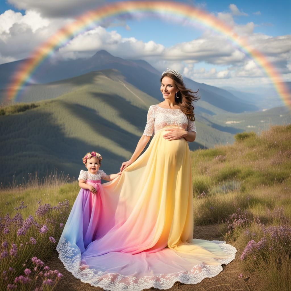 Radiant Expectant Mother in Mountain Floral Landscape