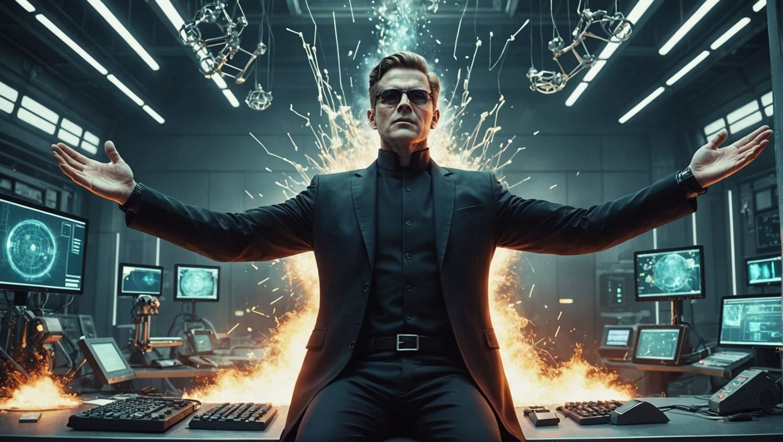 Sci-Fi Villain's Triumphant Explosion in Futuristic Lab