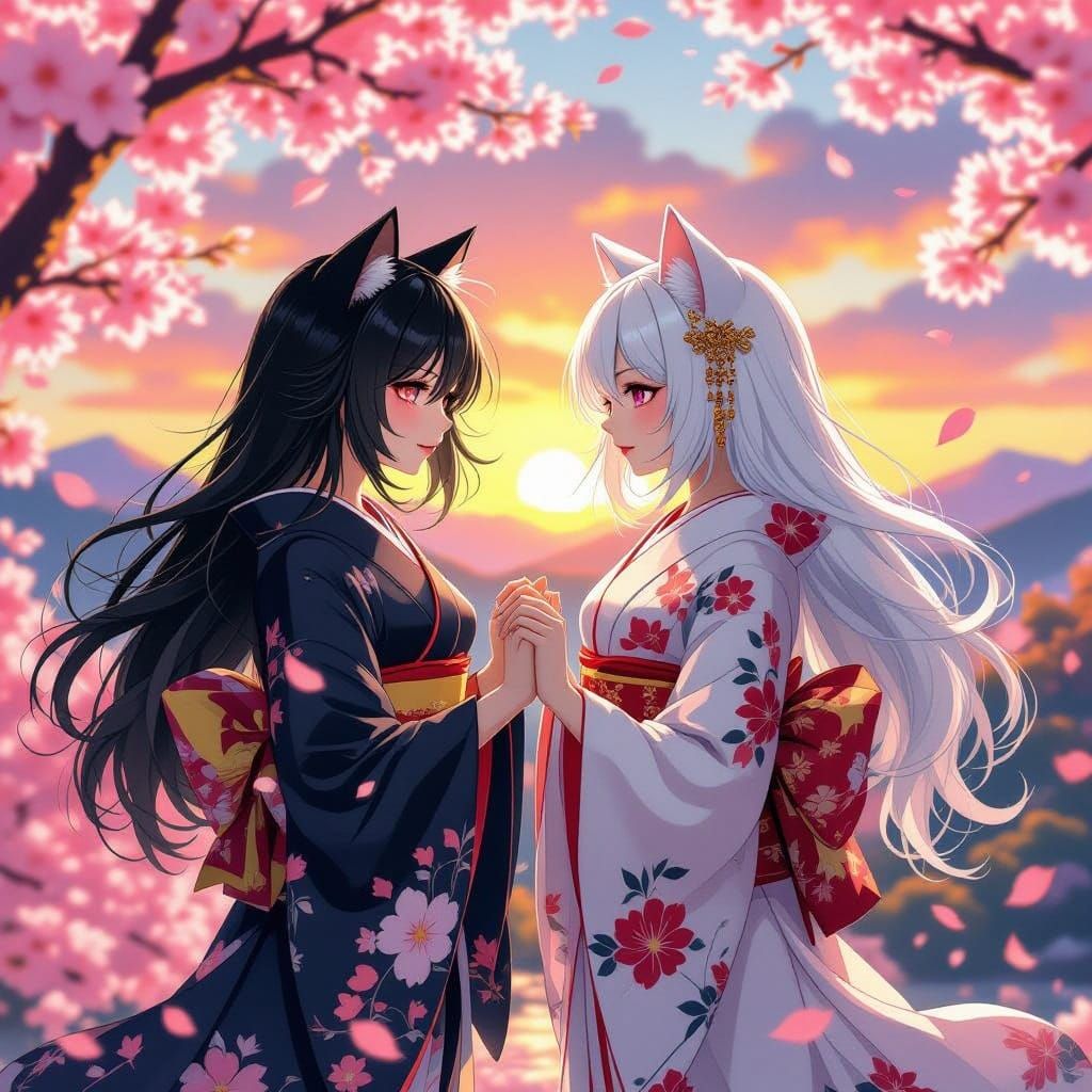 Fantasy Realism Cat Girls Dancing Under Sakura Blossoms