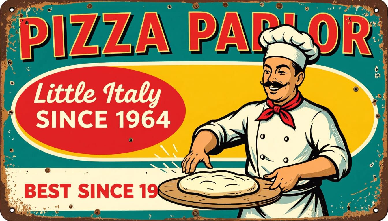 Vintage metal sign of a 1960s pizza chef tossing dough.