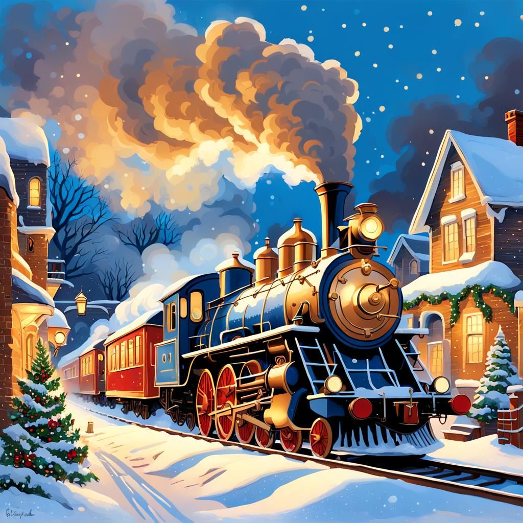 Christmas Train Steams Through Snowy Village