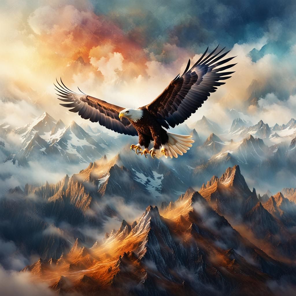 Eagle soars in misty mountain landscapes, in Vibrant Waterco...