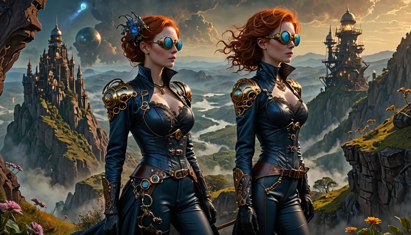 Steampunk Woman Gazing at Alien Landscape