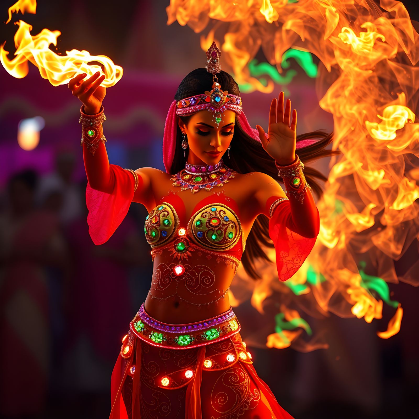 Arab Fire Dancer in a 3D Game Cinematic Style