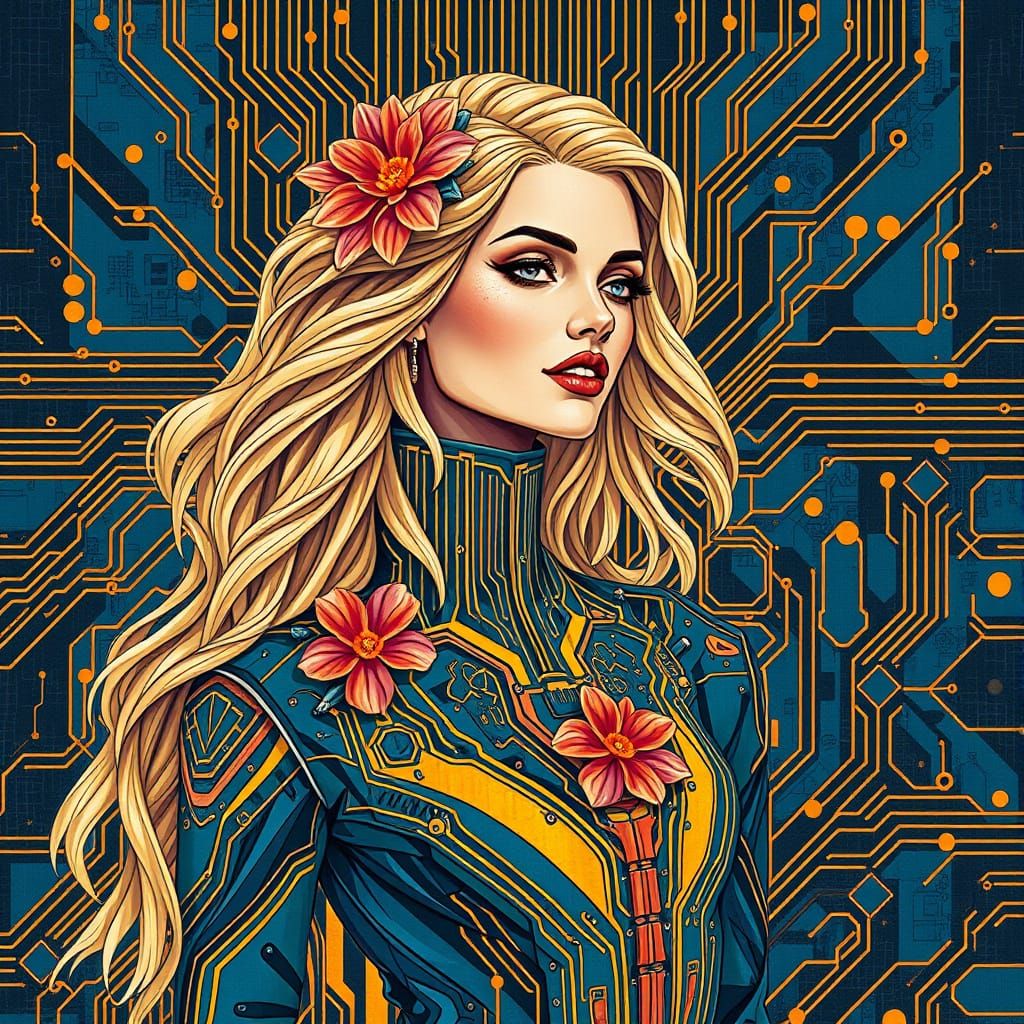 Vibrant Abstractionist Goddess in Cyberpunk Attire