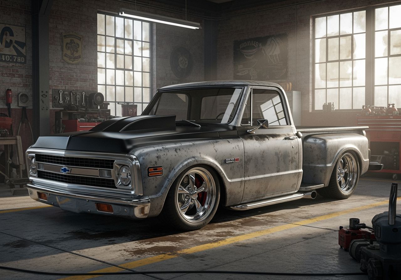 Weathered 1970 Chevy C10 Stepside in Industrial Garage