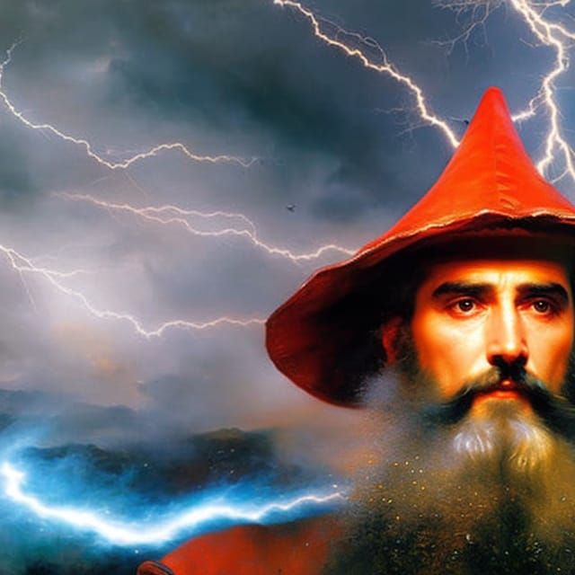 Merlin Wizard Portrait with Lightning, Fantasy Art